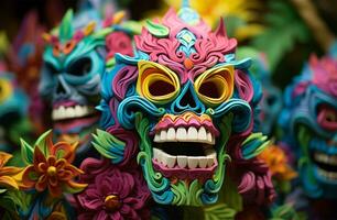 närbild av en färgrik karneval mask med blommor i de bakgrund ai genererad foto
