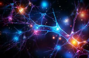illustration av nervcell cell och neuroner i Plats. vetenskap bakgrund ai genererad foto