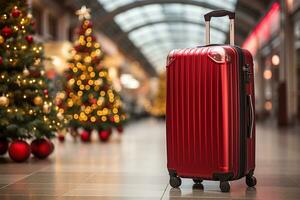 resväska med jul träd på bakgrund, närbild. Semester resa ai genererad foto