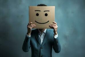 affärsman stående och gestikulerar med en kartong låda på hans huvud med smiley ansikte ai genererad foto