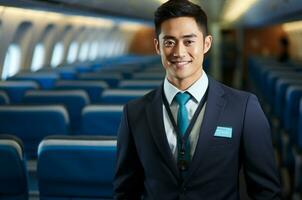 porträtt av ung asiatisk företag man i flygplan stuga. resa och turism begrepp ai genererad foto