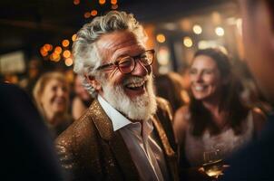 senior man har en fest med hans vänner i en bar på Hem ai genererad foto
