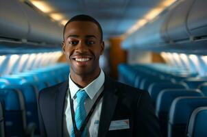 porträtt av leende afrikansk amerikan affärsman i flygplan stuga ai genererad foto