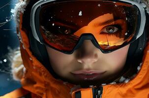 närbild porträtt av en skön flicka i en åka skidor kostym och glasögon ai genererad foto