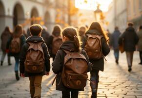 tillbaka se av skolbarn med ryggsäckar gående på de gata ai genererad foto