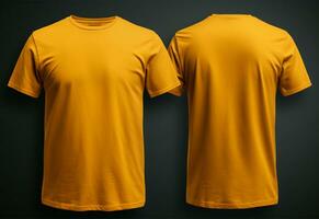 gul t-shirt attrapp isolerat på svart bakgrund med klippning väg ai genererad foto