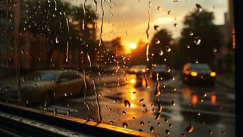 regn droppar på de fönster med suddig bakgrund av de stad och trafik. ai genererad foto