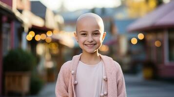 porträtt av en skön amerikan liten barn leende. bröst cancer medvetenhet månad ai genererad foto