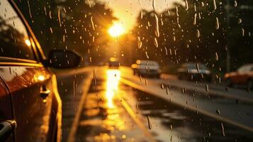 bil på de väg med regndroppar på de glas, suddig bakgrund ai genererad foto