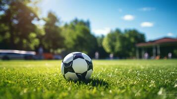 fotboll boll på grön gräs med solnedgång bakgrund. fotboll boll på fotboll fält ai genererad foto