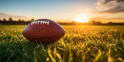 amerikan fotboll boll på gräs fält med blå himmel och moln i bakgrund ai genererad foto