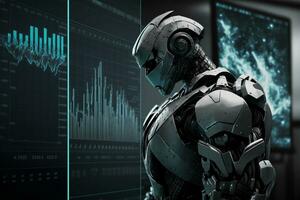 framtida företag 3d teknologi robot och stock Diagram handlare, stock Diagram analys till slå de marknadsföra. generativ ai. foto