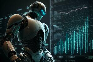 framtida företag 3d teknologi robot och stock Diagram handlare, stock Diagram analys till slå de marknadsföra. generativ ai. foto