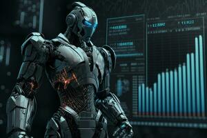 framtida företag 3d teknologi robot och stock Diagram handlare, stock Diagram analys till slå de marknadsföra. generativ ai. foto