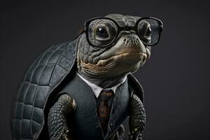 porträtt av en sköldpadda med glasögon och en formell kostym, svart bakgrund. generativ ai. foto