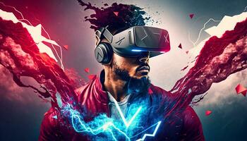 ung man använder sig av virtuell verklighet headset. vr glasögon, futuristisk, teknologi, uppkopplad utbildning, utbildning, video spel begrepp. generativ ai. foto