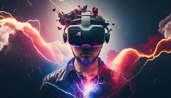 ung man använder sig av virtuell verklighet headset. vr glasögon, futuristisk, teknologi, uppkopplad utbildning, utbildning, video spel begrepp. generativ ai. foto