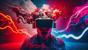 ung man använder sig av virtuell verklighet headset. vr glasögon, futuristisk, teknologi, uppkopplad utbildning, utbildning, video spel begrepp, generativ ai. foto