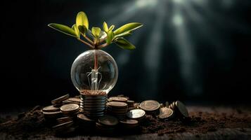 energi sparande ljus Glödlampa och träd växande på stackar av mynt på natur bakgrund. generativ ai. foto