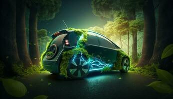 elektrisk fordon och ev elektrisk energi för de miljö, ev bilar på skog vägar på ekologisk ekosystem friska miljö elektrisk bilar och natur. generativ ai. foto