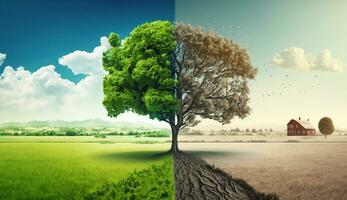 en träd i en grön äng klar luft med växter och luft förorening den där påverkar klimat förändra. ai generativ. foto