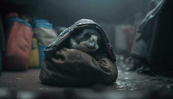pingvin sovande i en svart skräp väska bland de pålar av plast avfall och de regn. generativ ai. foto