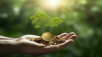 investering begrepp, växt växande i besparingar mynt pengar, företag utveckling, ai generativ. foto