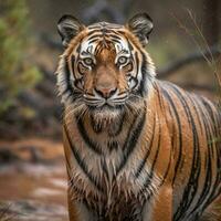 indisk manlig tiger med först regn vilda djur och växter i naturlig habi. generativ ai. foto