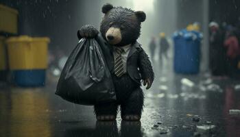 en Björn i en kostym innehav en sopor väska står bland pålar av plast avfall ser för mat och skydd, begrepp av sparande de värld. generativ ai. foto