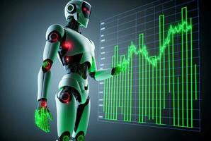 robot företag och näringsidkare pekande stock Diagram, stock Graf analys till vinna i marknadsföra. generativ ai. foto