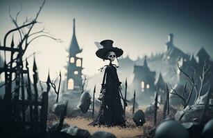 skelett häxa med svart slott på små kulle och grav halloween festival begrepp. ai generativ. foto