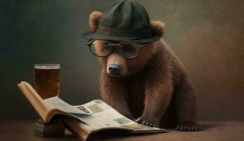 en Björn bär glasögon och en hatt sitter och läser böcker. generativ ai. foto