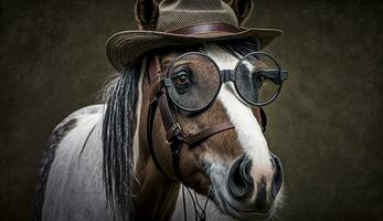 en vit-brun häst stående Häftigt bär glasögon och en hatt. generativ ai. foto