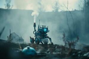 en robot med en förstörd stad efter de slutet av de värld. ai generativ. foto
