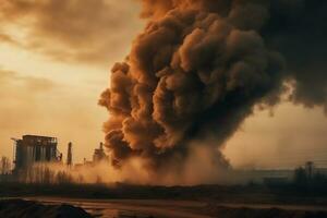 skorsten och svart rök ovan kemisk industri på solnedgång. ai generativ. foto