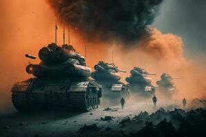 armén tank i de fält av strid, koncept av krig. ai generativ. foto