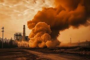 skorsten och svart rök ovan kemisk industri på solnedgång. ai generativ. foto