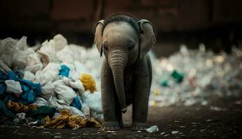 ett elefant står bland de pålar av plast avfall ser för mat och skydd, begrepp av sparande de värld. generativ ai. foto