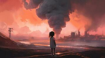 illustration av en ung flicka stående ser på toxisk ånga från en petrokemiska raffinaderi på soluppgång. generativ ai. foto