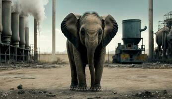 elefant står tittar på en petrokemiska raffinaderi på soluppgång. generativ ai. foto