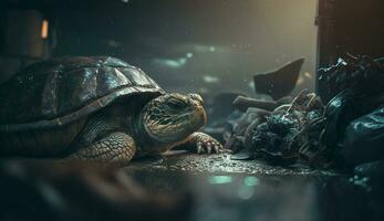 en sköldpadda sover bland de pålar av plast avfall, begrepp av sparande de värld. generativ ai. foto
