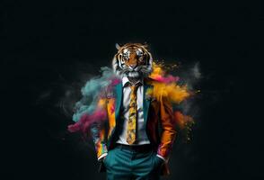främre se av en tiger bär en kostym stående animerad bur. ai generativ. foto