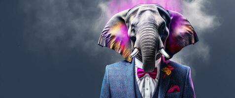 främre se av en elefant bär en kostym stående animerad burs. ai generativ. foto