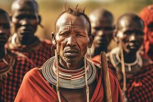 medlemmar av de maasai stam i deras distinkt klädsel och engagerande i traditionell aktiviteter, tillhandahålla en glimt in i deras tull, ritualer, och sätt av liv. generativ ai foto