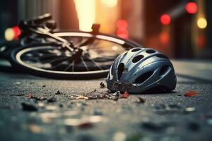 urban scen med en cykel krascha väg olycka liggande på de jord, med bruten cykel och hjälm i de mitten av de stad. cykel krascha väg olycka . generativ ai foto