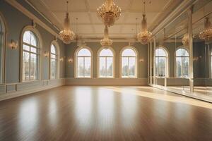 vackert dekorerad dansa studio med elegant ljuskronor.generativ ai foto