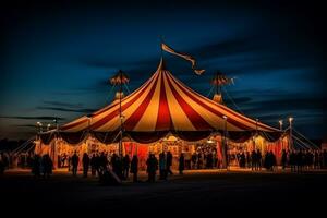 magisk cirkus tält upplyst på skymning med åskådare samlade in i förväntan. generativ ai foto