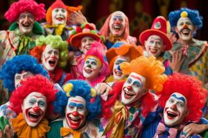 färgrik clowner underhållande en fängslad publik. generativ ai foto