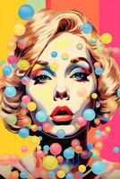vibrerande målning av en kvinna med en ansikte full av bubblor, närbild av röd mun, gul ballong, öga detalj med färgrik smink, och blå boll på en gul bakgrund. generativ ai foto