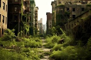 ett bild skildrar en folktom stad med bevuxen vegetation och övergiven byggnader, fångande de postapokalyptisk atmosfär. generativ ai foto